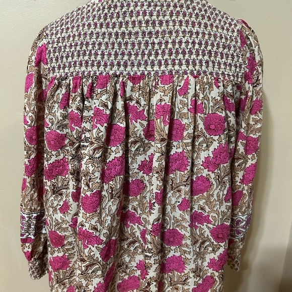 Rachel Zoe Floral Cotton Peasant Boho Smocked Long Sleeve Tassel Tie Top - Picture 4 of 11